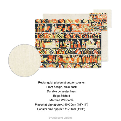 Placemat and coaster with design based on the Medieval 14th century Tristan Tapestry from the Wienhausen Cloister. Product details for placemat and coaster. Front design, plain back, durable polyester linen, edge sticked, machine washable. Placemat size approx 40x30cm (15"x11"). Coaster size approx 11x11cm (4"x4") 