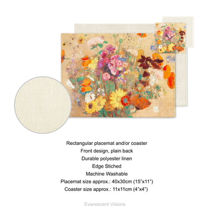 Product details for placemat and coaster. Front design, plain back, durable polyester linen, edge sticked, machine washable. Placemat size approx 40x30cm (15"x11"). Coaster size approx 11x11cm (4"x4")
