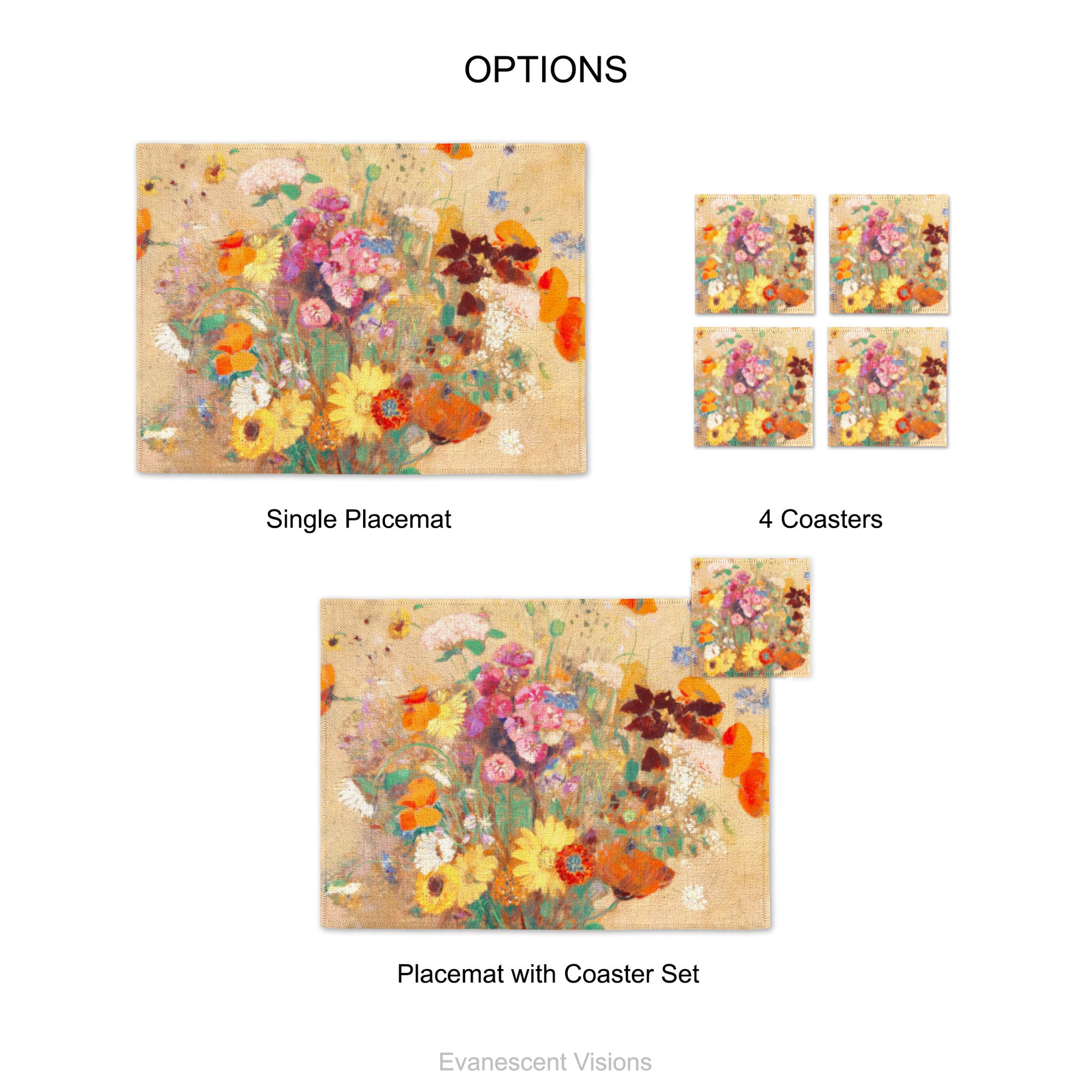 Product options shows single placemat, set of 4 coasters and placemat with coaster set. Design is from painting 'Bouquet of Wildflowers' by Odilon Redon.
