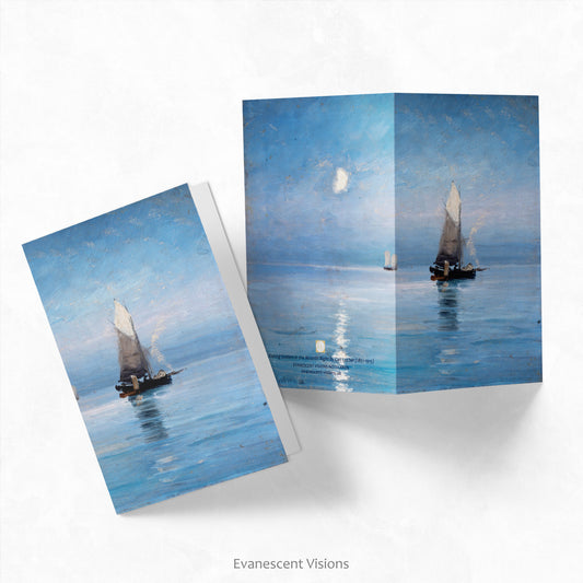 Front and back veiws of the Carl Locher's Fishing Cutters in the Moonlit Night Art Notecards Notelets