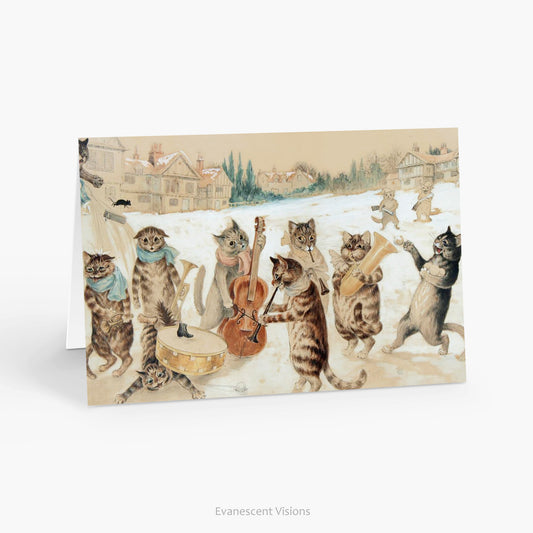 Humorous Cats Carol Singing Winter Holiday Christmas card standing on a surface.