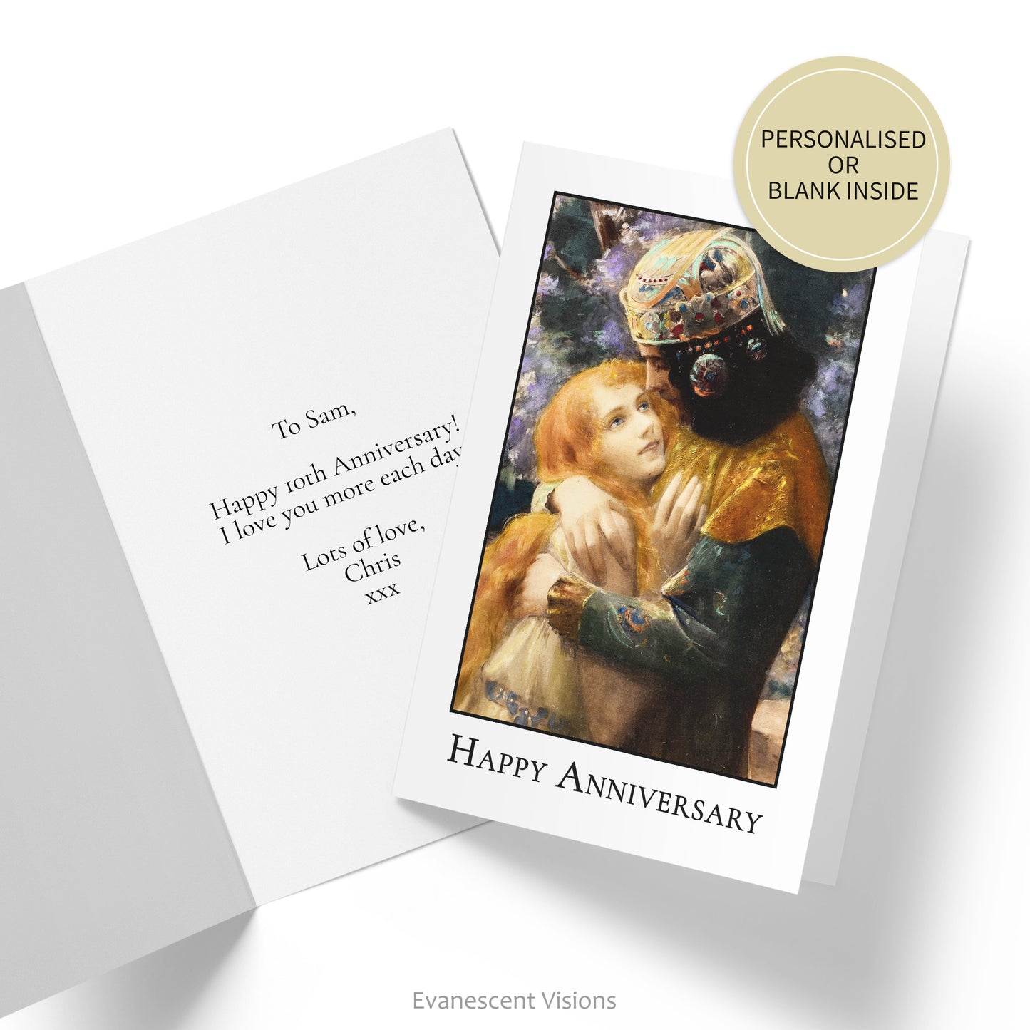Front of card with image from painting'Elsa and Lohengrin' by Gaston Bussière and 'Happy Anniversary' underneath.  Inside of card shown with example of custom greeting.