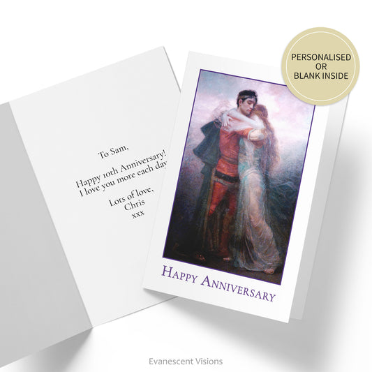 Card with image 'Tristan and Isolt (Life)' by Rogelio de Egusquiza on front with the words 'Happy Anniversary' and inside of card shown with custom greeting.
