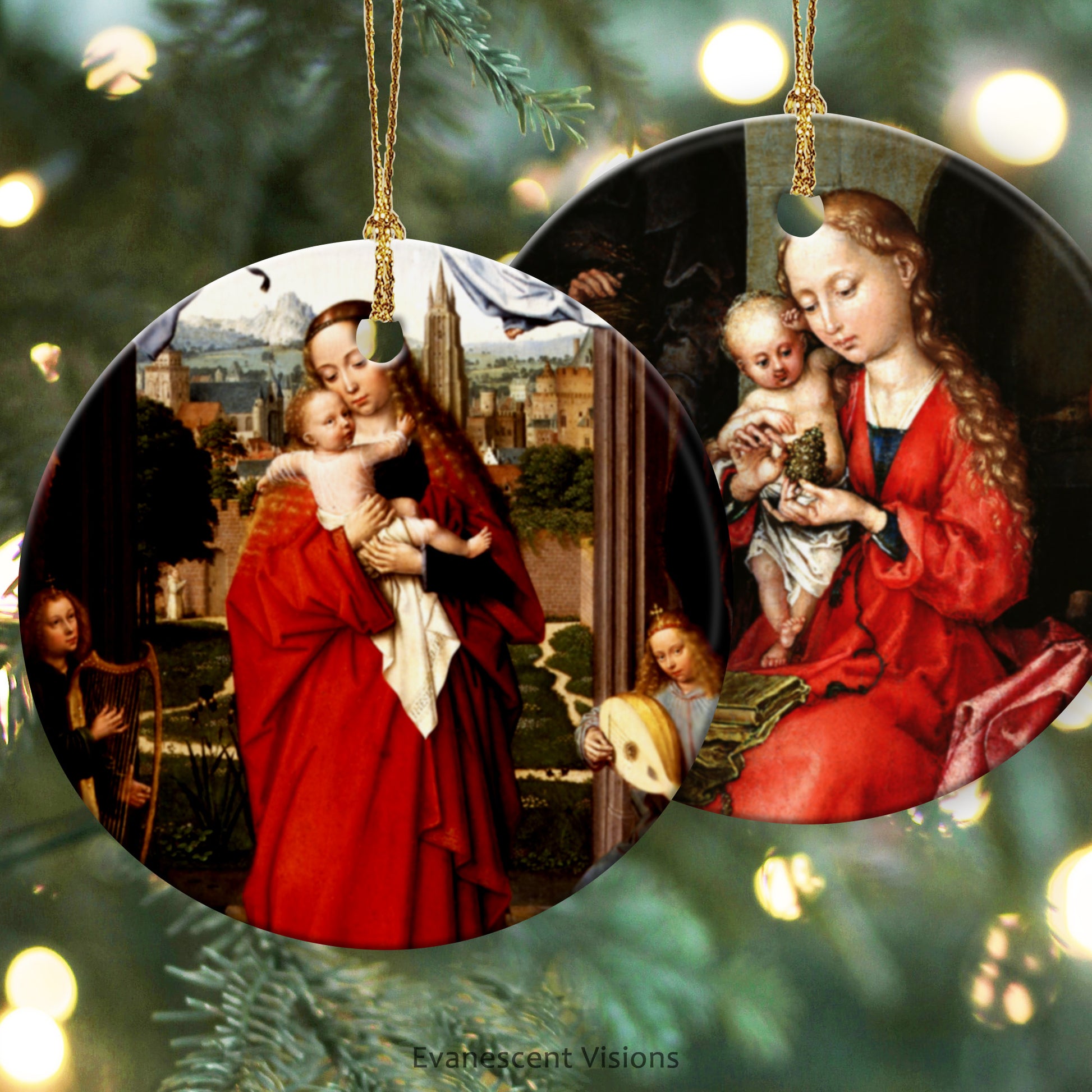 Two Ceramic Christmas ornaments with images of the Madonna and Child by Gerard David and Martin Schongauer. The ornaments are hanging with a Christmas tree and lights in the background