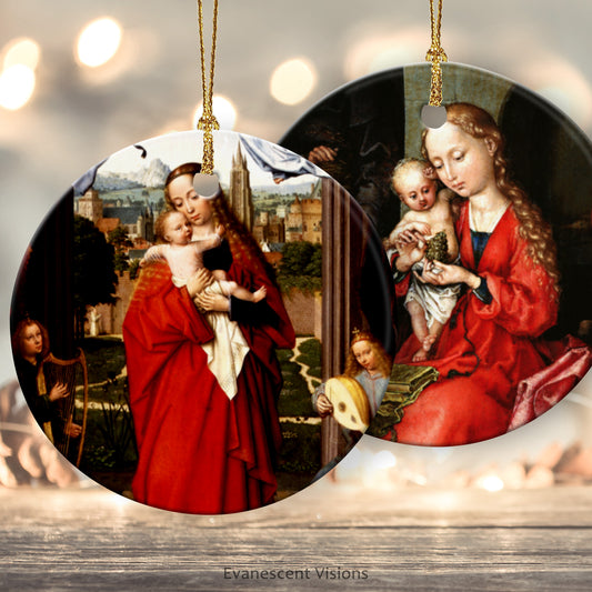 Two Ceramic Christmas ornaments with images of the Madonna and Child by Gerard David and Martin Schongauer. Behind the ornaments are lights and a wooden surface.