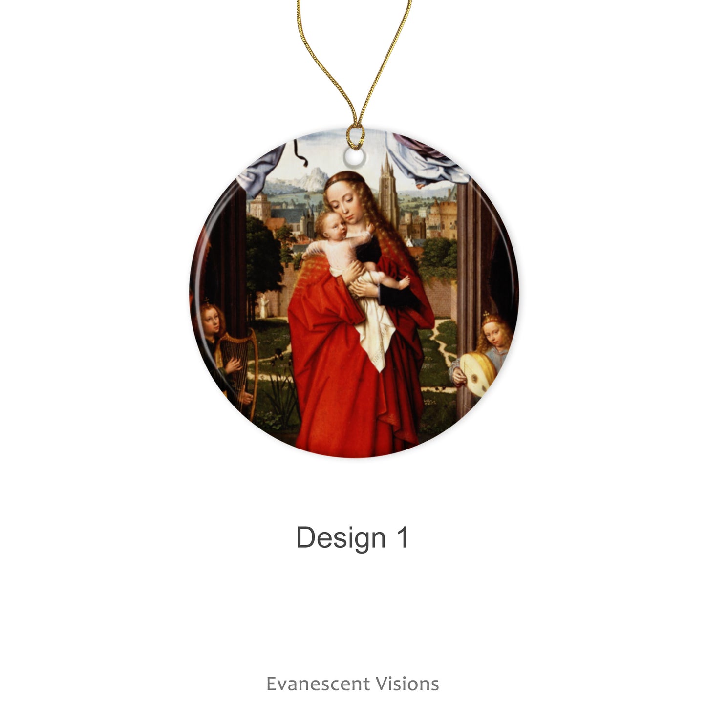 Ceramic Christmas ornament with detail of the painting 'The Virgin and Child with Four Angels' by Gerard David