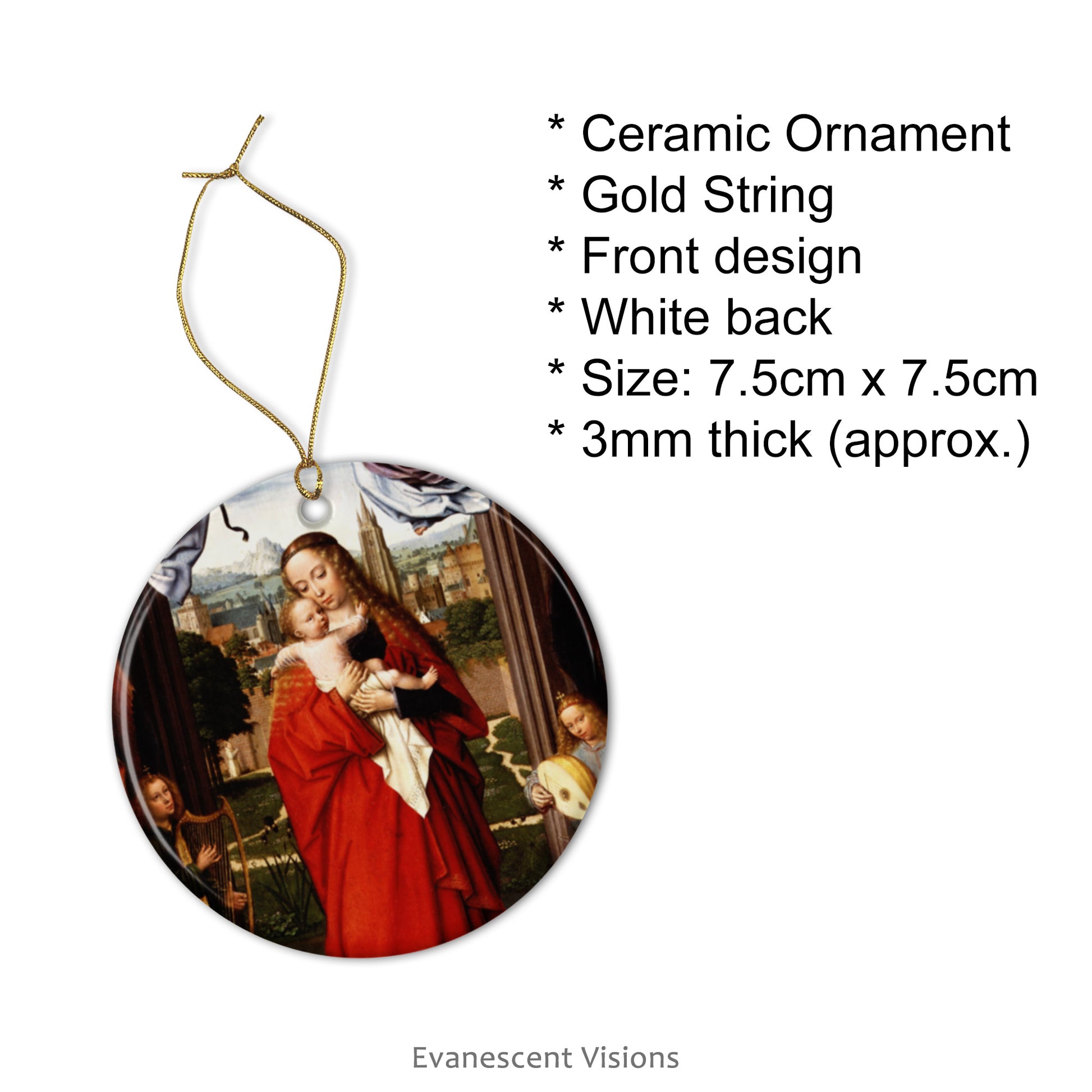Product details for ceramic ornament with picture of ornament.