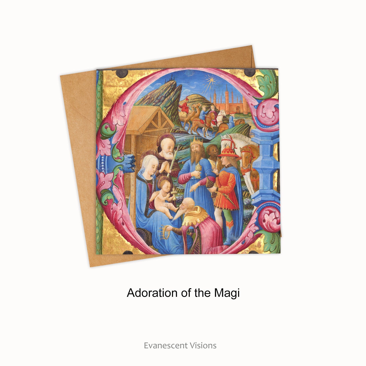 Adoration of the Magi design option. Christmas Medieval Illuminations Religious Greeting Card.