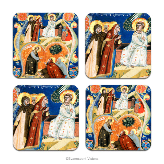 Set of 4 Coasters with a Medieval Illumination design of the Resurrection