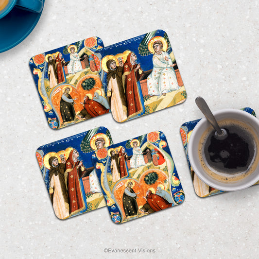 Coasters with Medieval Illumination design shown on counter top with drinks.