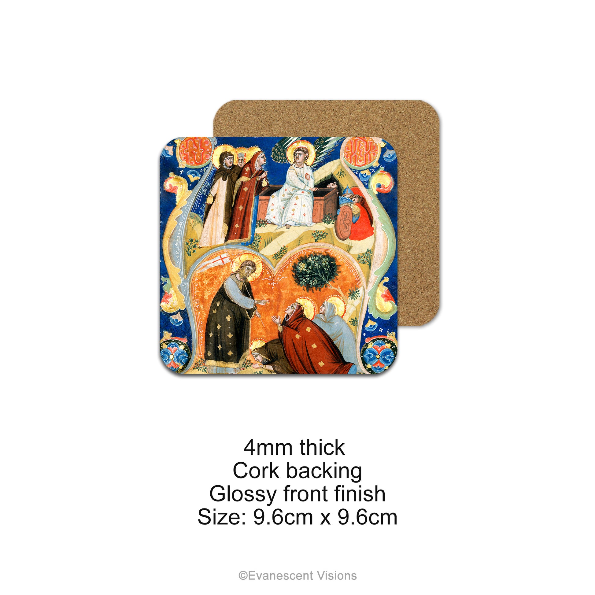 Single Medieval Illumination Coaster shown with protective cork backing and product details.