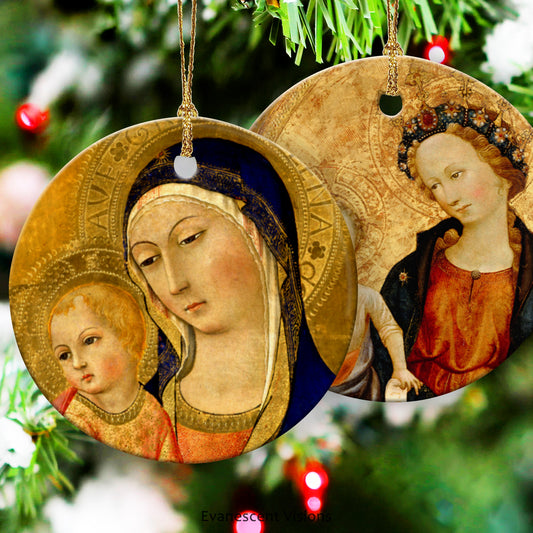 Ceramic Christmas Ornaments with paintings of the Madonna and Child  