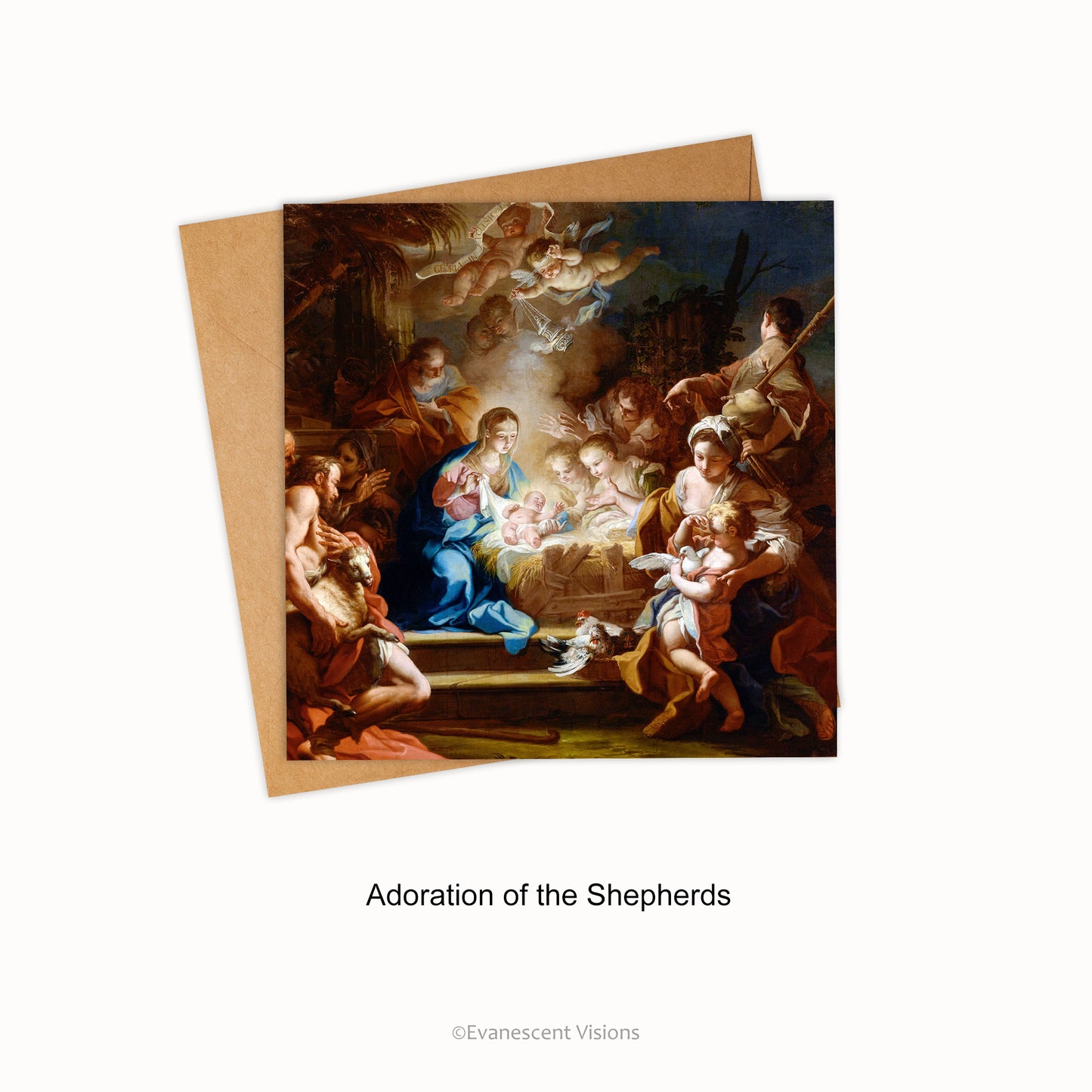 Nativity Christmas card and envelope with the design option 'The Adoration of the Shepherds' by Sebastiano Conca
