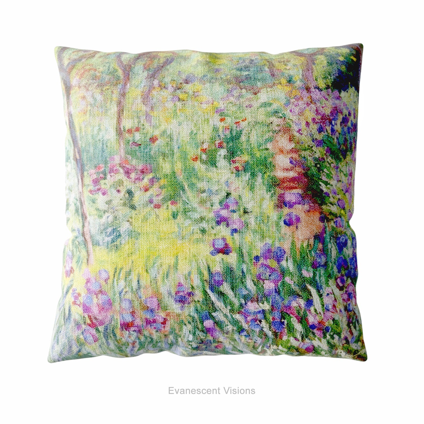 A square decorative cushion on a white background featuring an impressionist floral artwork 'The Artist's Garden' by Claude Monet.