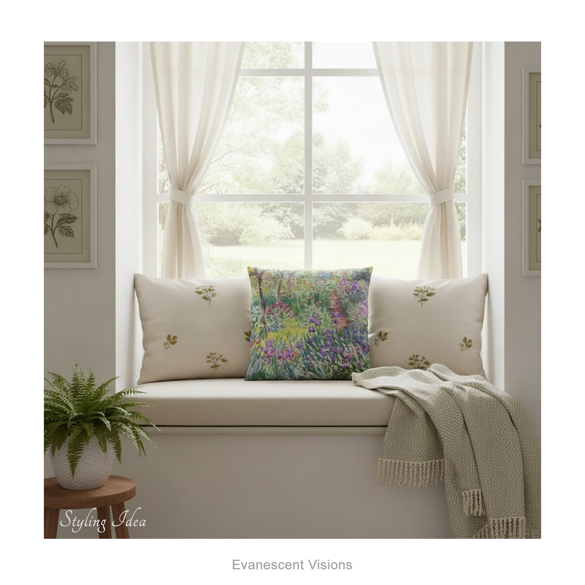 A square decorative cushion  featuring an impressionist floral artwork 'The Artist's Garden' by Claude Monet, on a window box with neutral decor. 