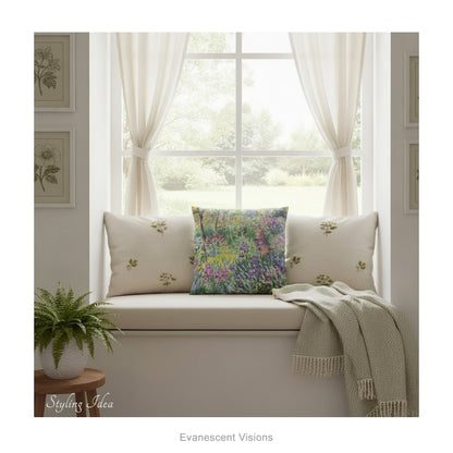 A square decorative cushion  featuring an impressionist floral artwork 'The Artist's Garden' by Claude Monet, on a window box with neutral decor. 