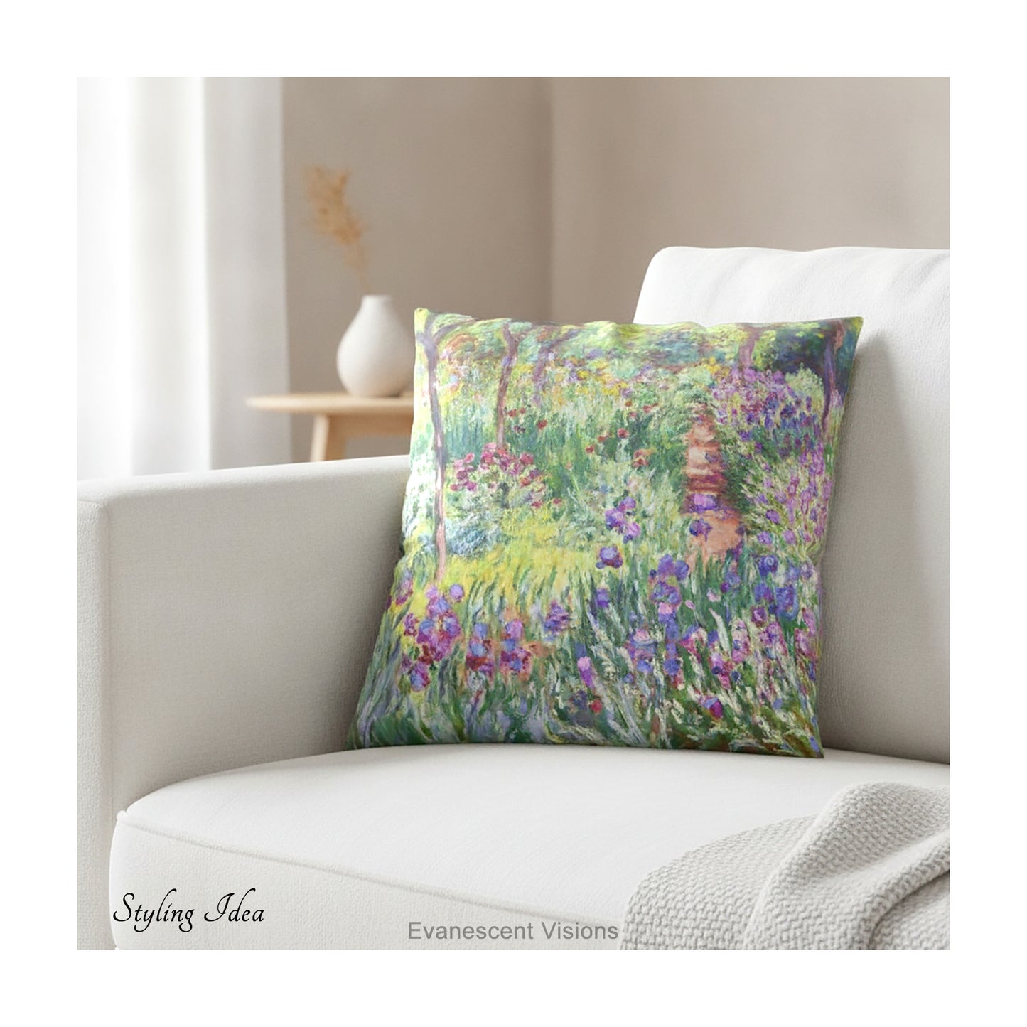 A square decorative cushion  featuring an impressionist floral artwork 'The Artist's Garden' by Claude Monet, on cream coloured sofa.