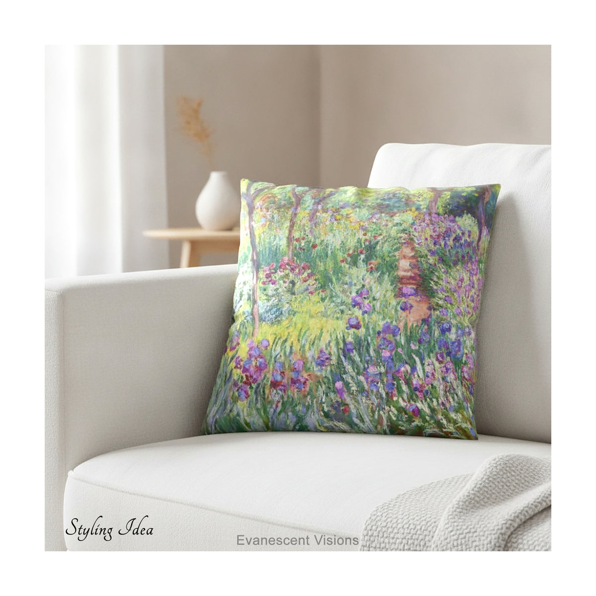 A square decorative cushion  featuring an impressionist floral artwork 'The Artist's Garden' by Claude Monet, on cream coloured sofa.