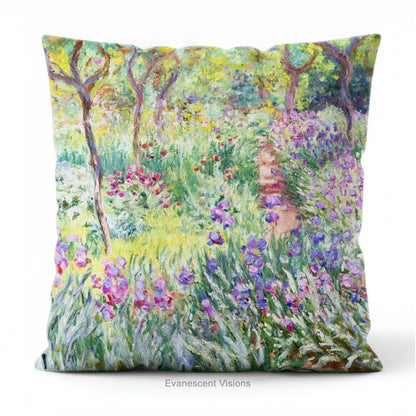 A square decorative cushion  featuring an impressionist floral artwork 'The Artist's Garden' by Claude Monet.