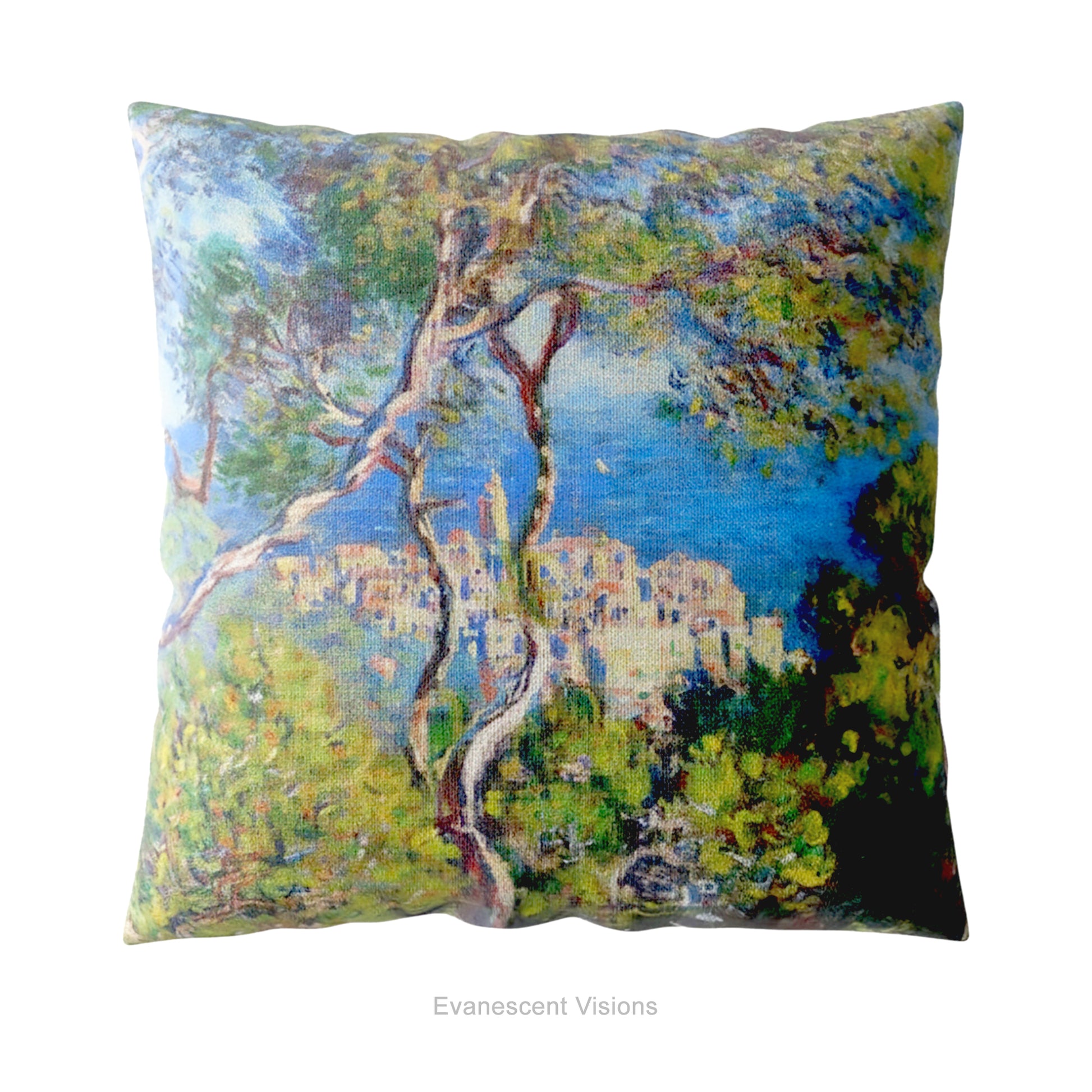 A square throw pillow featuring an impressionist landscape painting 'Bordighera' by Claude Monet. 