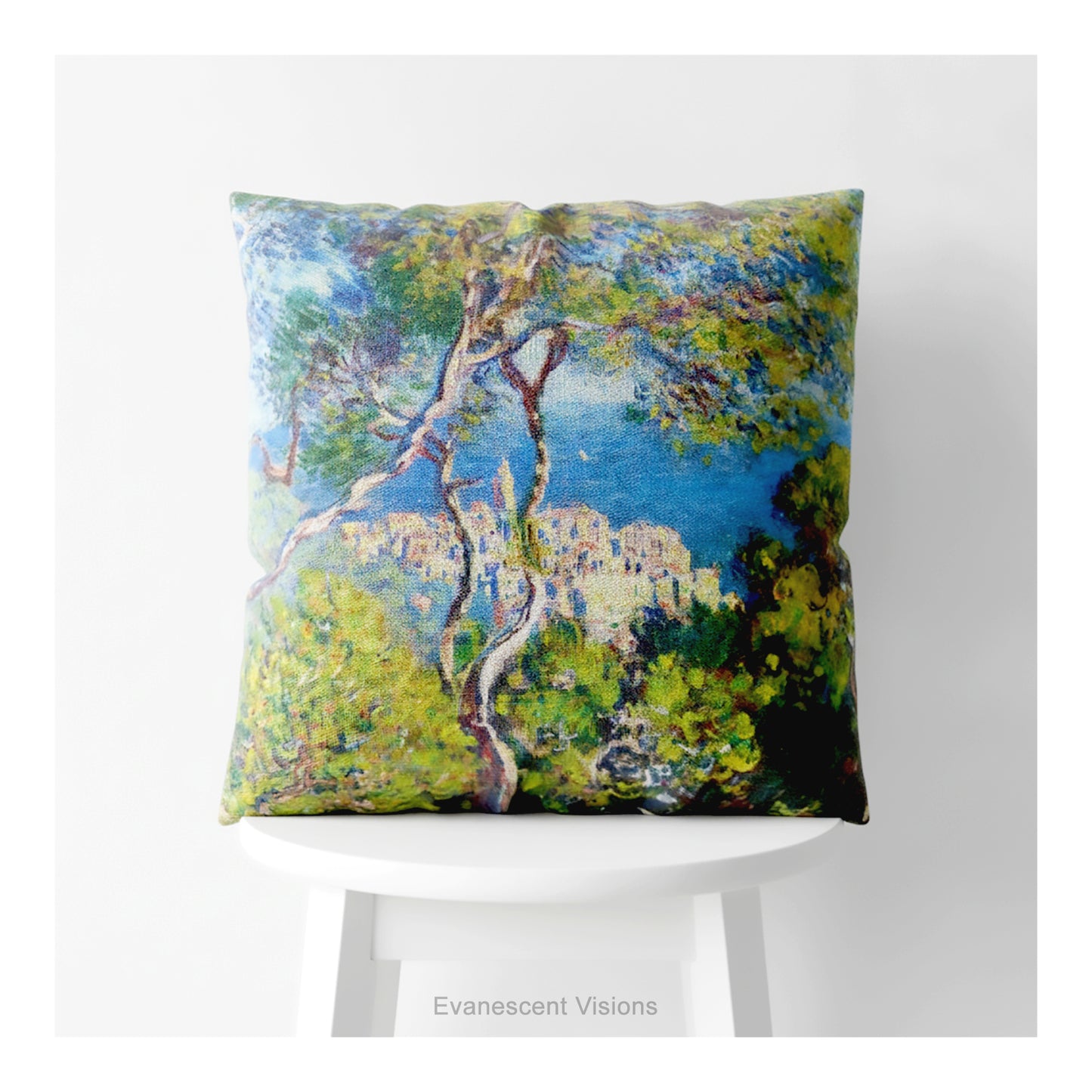 A square throw pillow on a stool featuring an impressionist landscape painting 'Bordighera' by Claude Monet. 