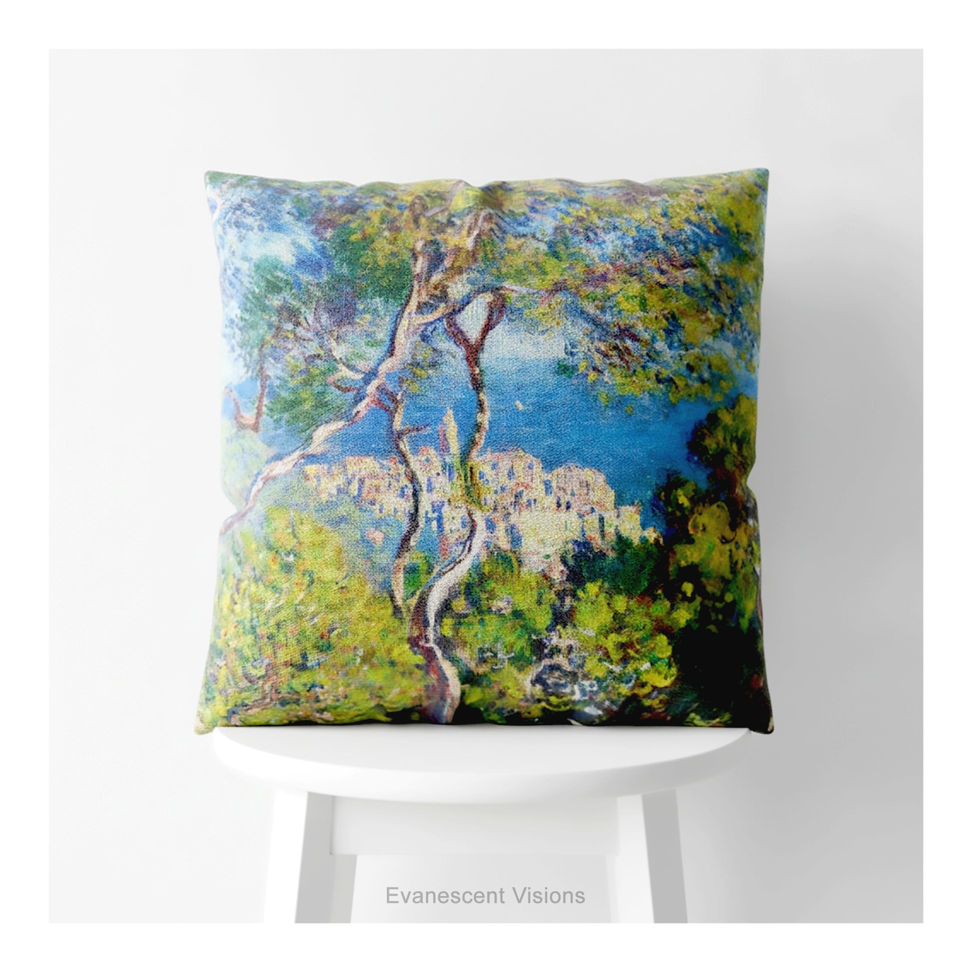 A square throw pillow on a stool featuring an impressionist landscape painting 'Bordighera' by Claude Monet. 