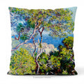 A square decorative cushion  printed with with Monet's Bordighera painting,  on a swhite background