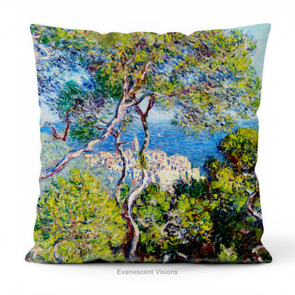 A square decorative cushion  printed with with Monet's Bordighera painting,  on a swhite background