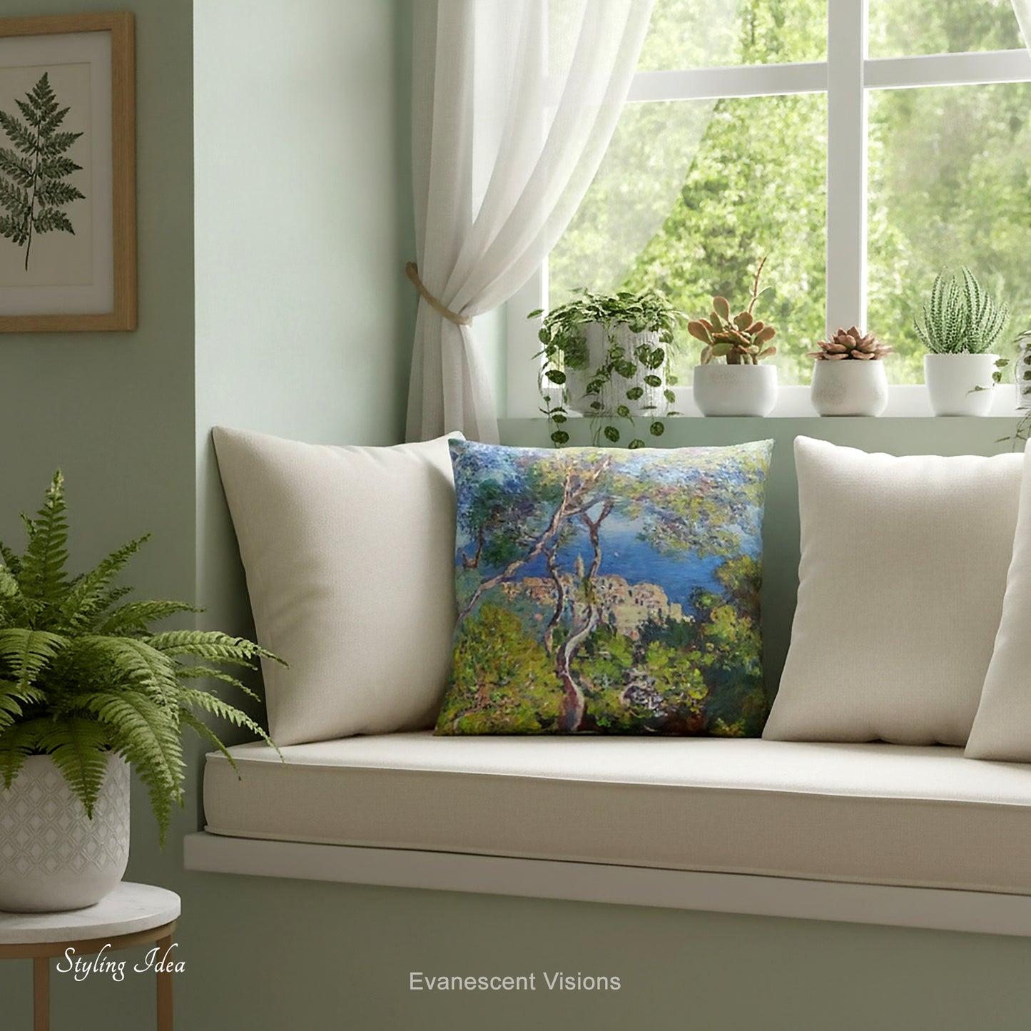 A square throw pillow printed with with Claude Monet's 'Bordighera' landscape painting, shown styled on a window seat. 