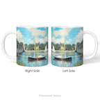 Left and right side views of the ceramic mug printed with  impressionist painting 'Bridge at Argenteuil' .