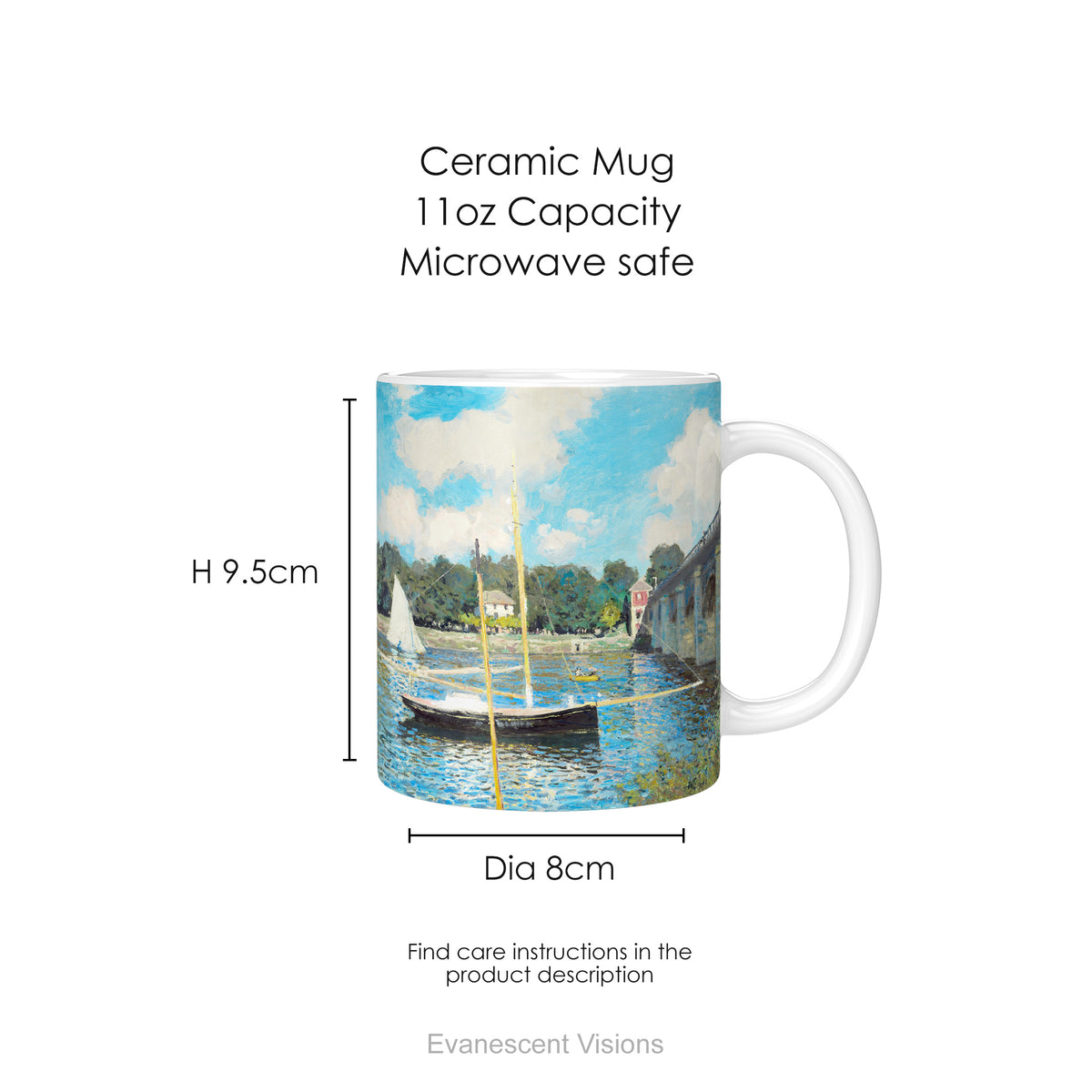 Ceramic mug with a print of  impressionist painting 'Bridge at Argenteuil', with mug dimensions.