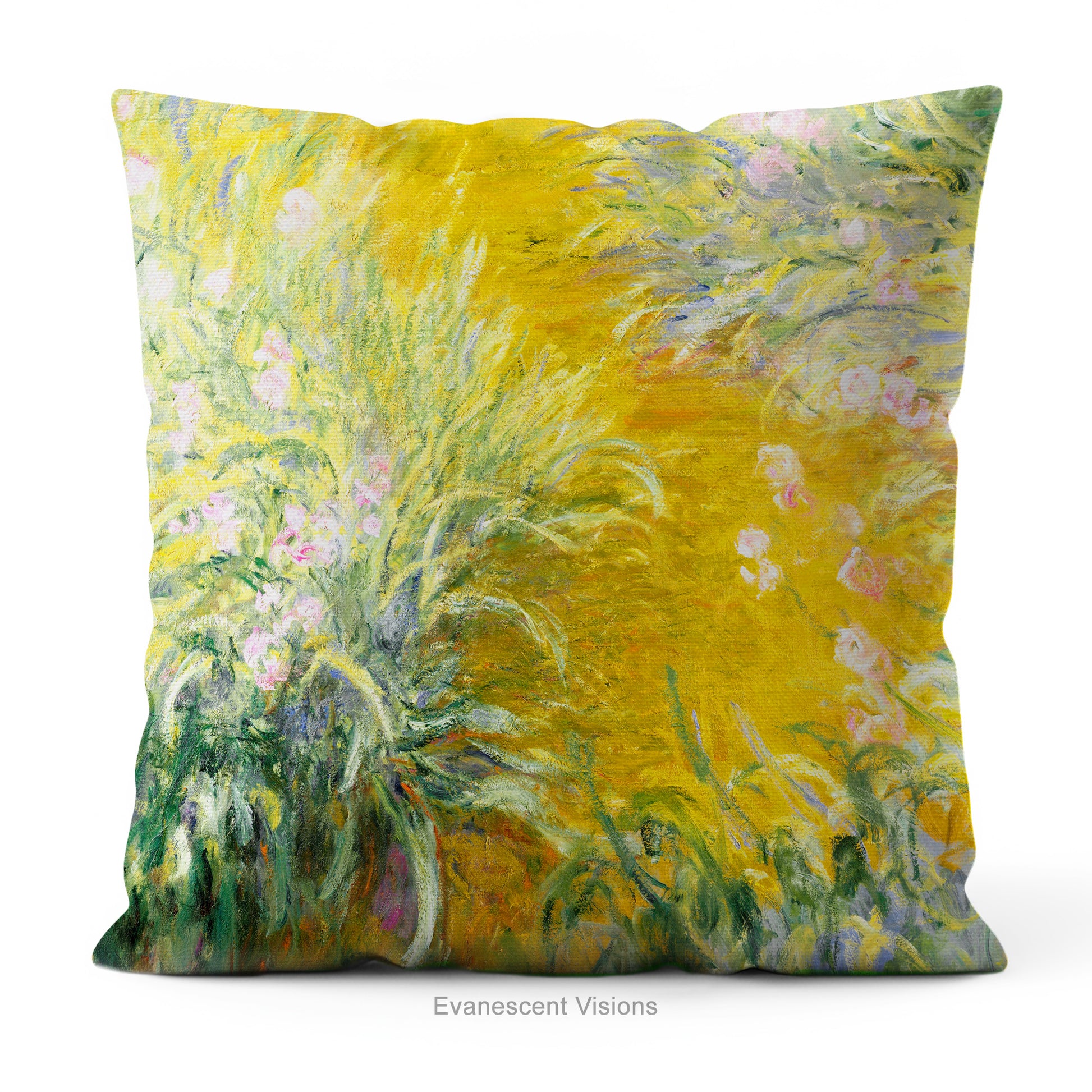 A decorative square cushion printed with impressionist floral painting 'The Path Through the Irises' by Claude Monet. 