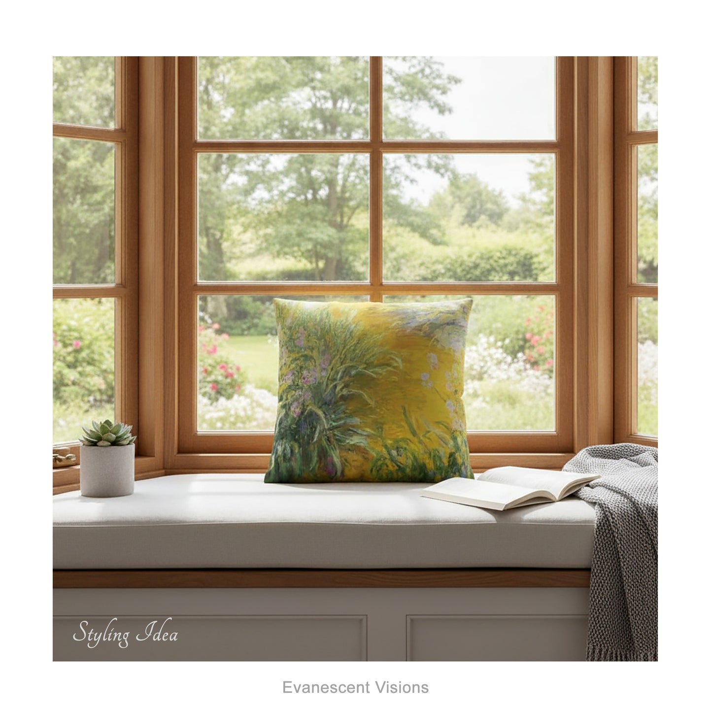A decorative square cushion printed with impressionist floral painting 'The Path Through the Irises' by Claude Monet, on a window seat. 