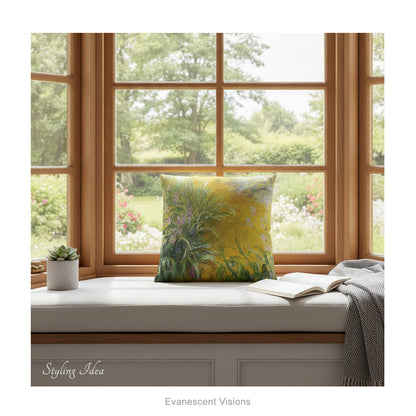 A decorative square cushion printed with impressionist floral painting 'The Path Through the Irises' by Claude Monet, on a window seat. 