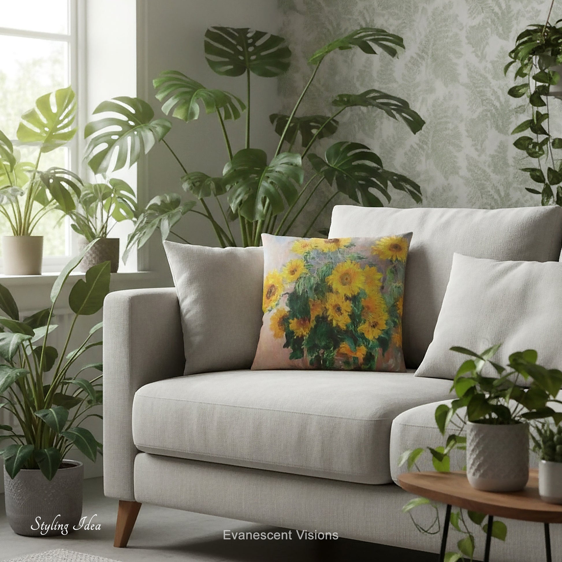 A square cushion with a print of  impressionist painting 'Bouquet of Sunflowers' by Claude Monet on a cream sofa.