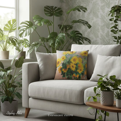 A square cushion with a print of  impressionist painting 'Bouquet of Sunflowers' by Claude Monet on a cream sofa.