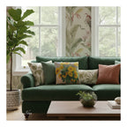 A square decorative cushion with a print of  impressionist painting 'Bouquet of Sunflowers' by Claude Monet, on a green sofa in a botanical decor room.  