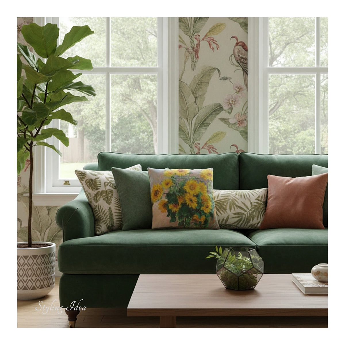A square decorative cushion with a print of  impressionist painting 'Bouquet of Sunflowers' by Claude Monet, on a green sofa in a botanical decor room.  