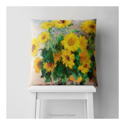 A square decorative cushion on a white stool featuring impressionist painting 'Bouquet of Sunflowers' by Claude Monet. 