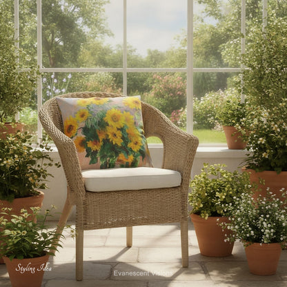 A square cushion with a print of  impressionist painting 'Bouquet of Sunflowers' by Claude Monet on a wicker chair. 