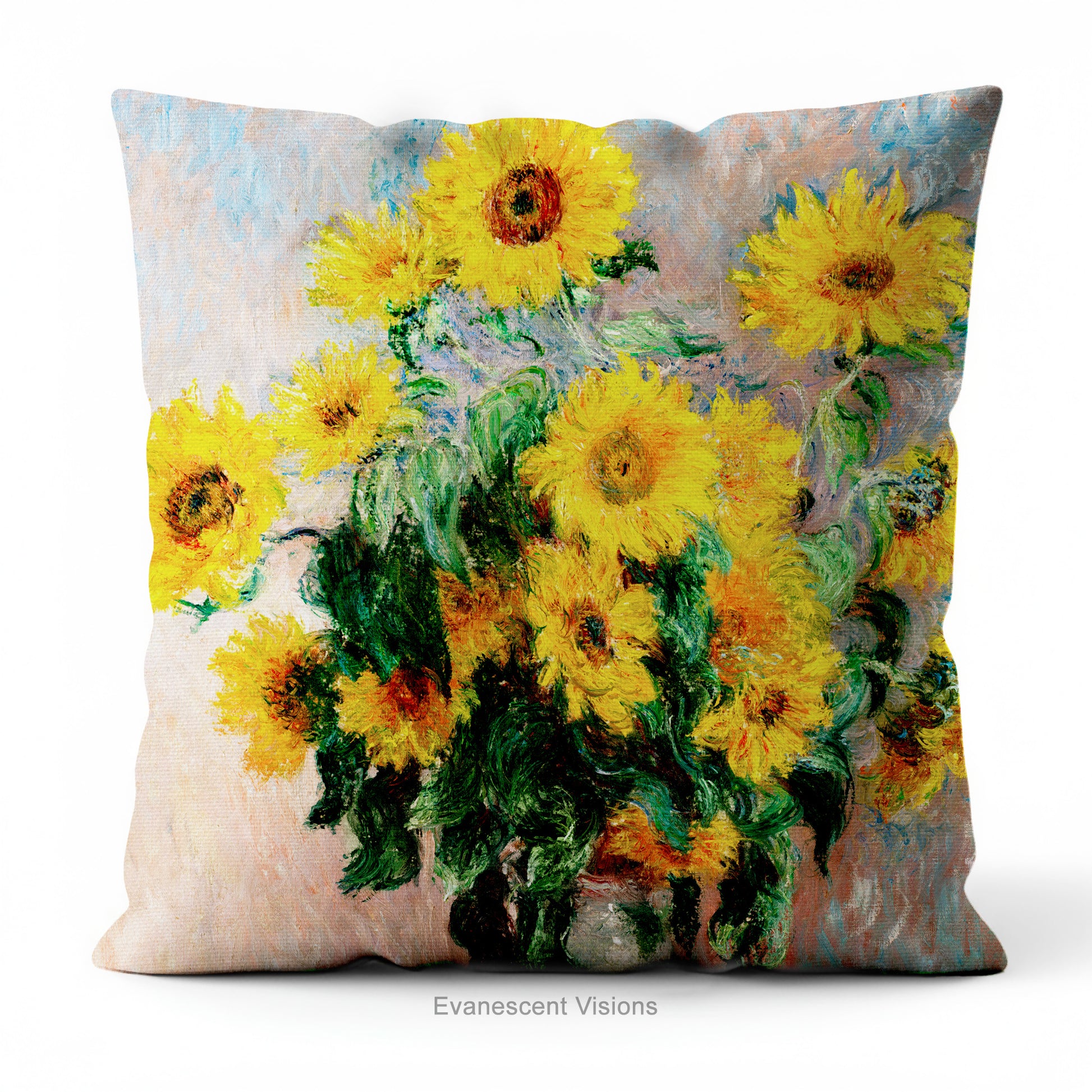 A square cushion with a print of  impressionist painting 'Bouquet of Sunflowers' by Claude Monet.