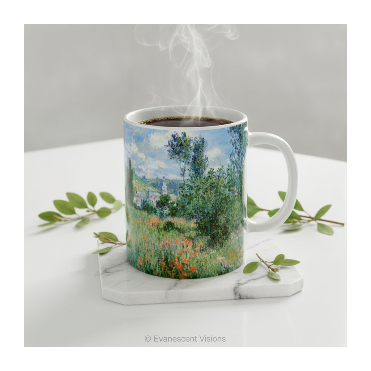 'View of Vétheuil' Mug styled on a table with green leaves.