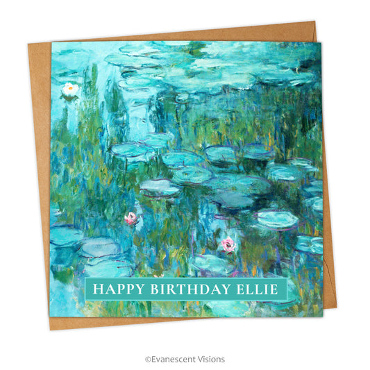 Square card and envelope with Water Lilies painting by Monet on front with personalised 'Happy Birthday' greeting.