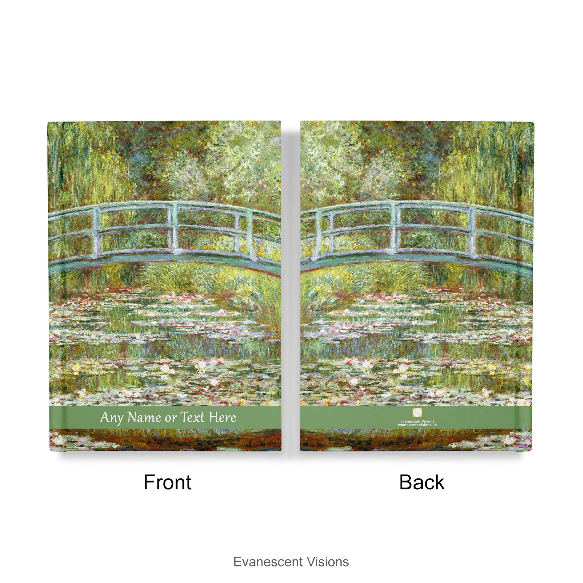 Front adn back views of the Personalised Notebook, A4, A5, decorated with 'Claude Monet Bridge over a pond of Water Lilies' art