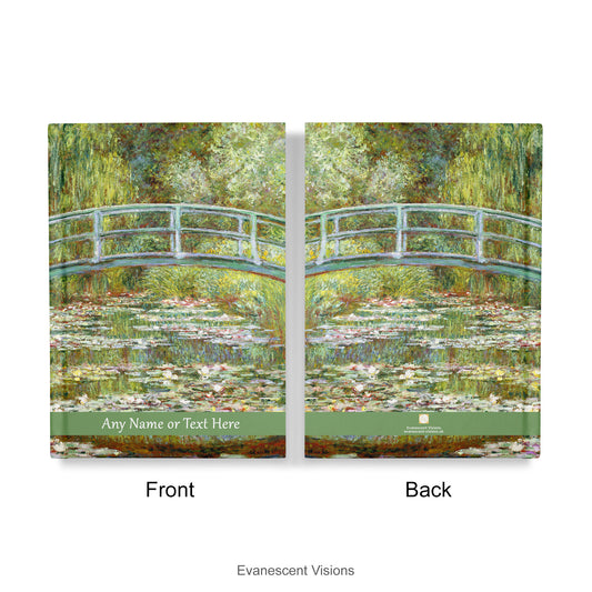 Front adn back views of the Personalised Notebook, A4, A5, decorated with 'Claude Monet Bridge over a pond of Water Lilies' art