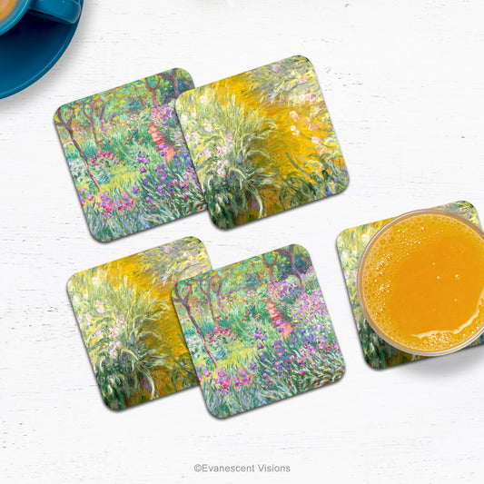 Coasters with designs by Monet on a counter top with drinks.