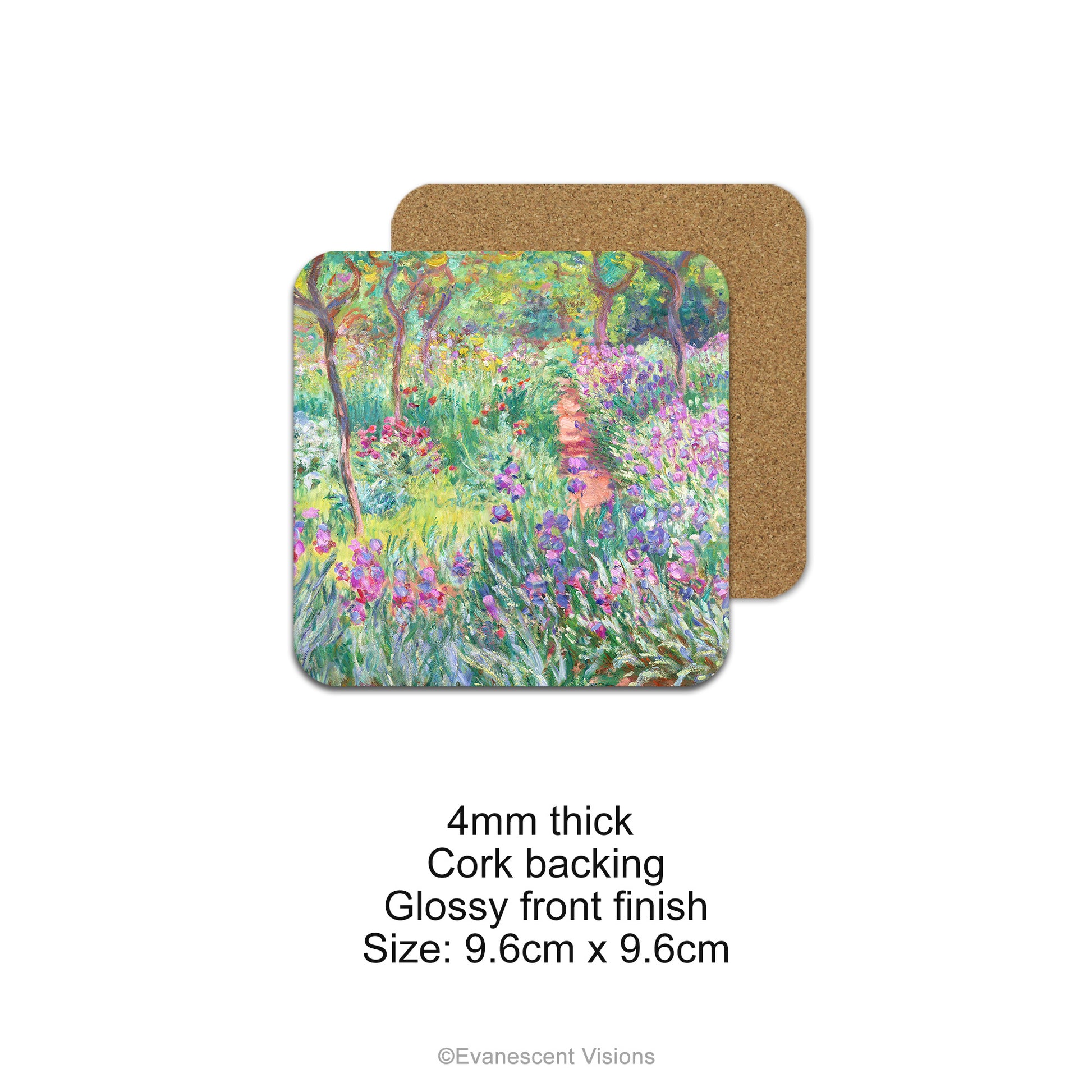 Single coaster with design of 'Artist's Garden in Giverny' by Monet on the front and protective cork backing on the back. Product details.