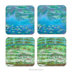 Set of four coasters with images from Monet's paintings 'The Water Lilies' and 'The Japanese Footbridge.'