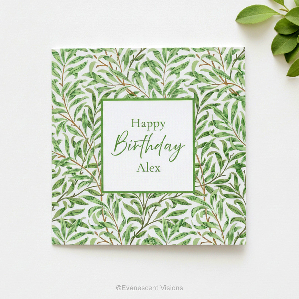 A square Happy Birthday Personalised Card with 'Willow Bough' pattern designed by William Morris.