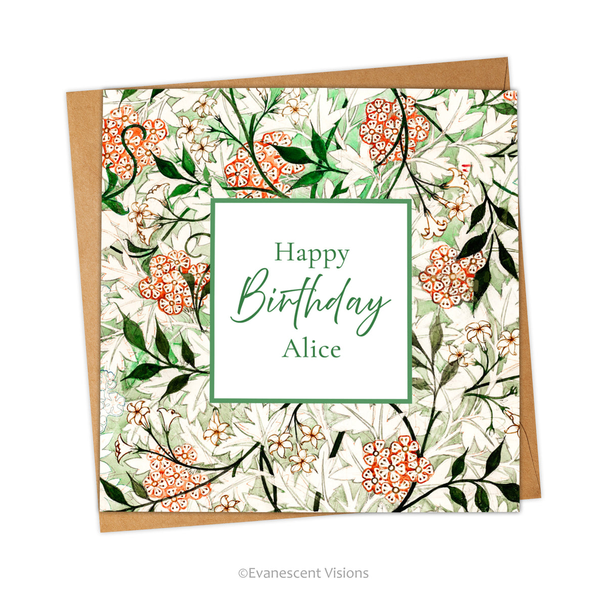 A square floral birthday personalised card with design 'Jasmin' by William Morris.